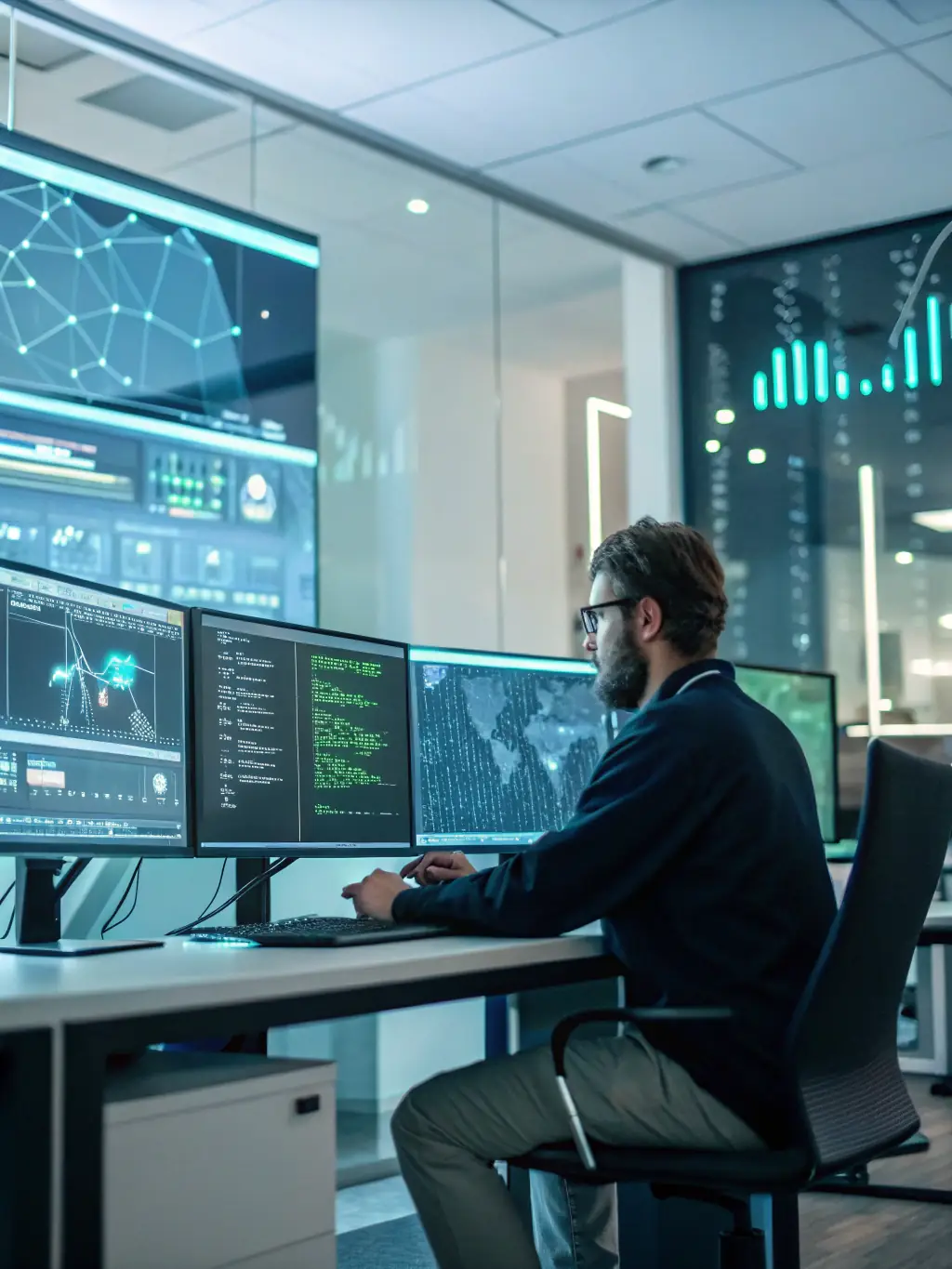 A security expert analyzing threat intelligence data within the ServiceNow GRC platform, highlighting proactive risk mitigation strategies.